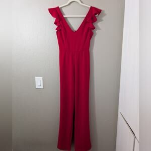 Audrey Parks Francesca's Collections Vibrant Red Ruffle Jumpsuit